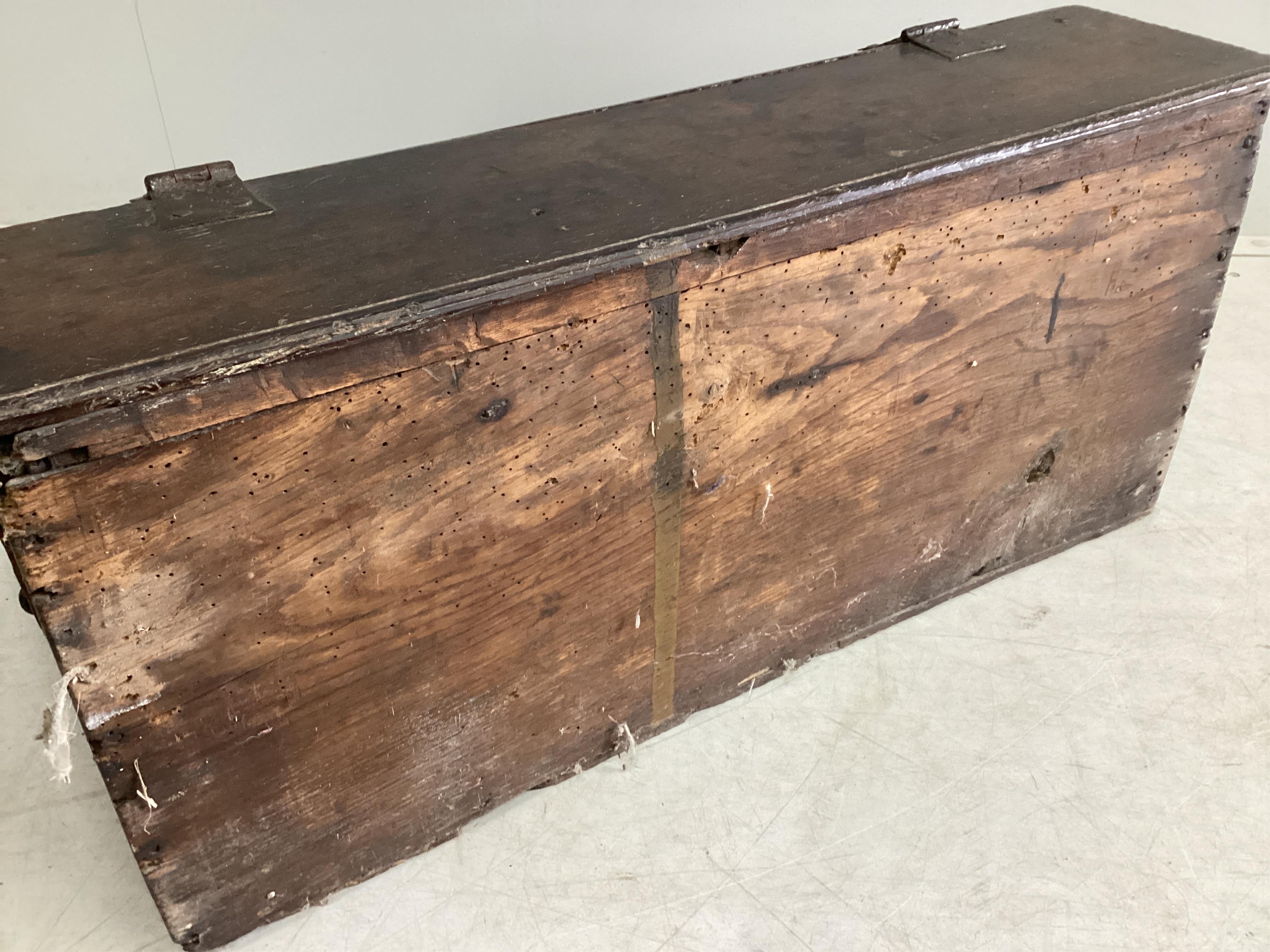 An early 18th century oak bible box, width 74cm, depth 46cm, height 30cm. Condition - poor to fair